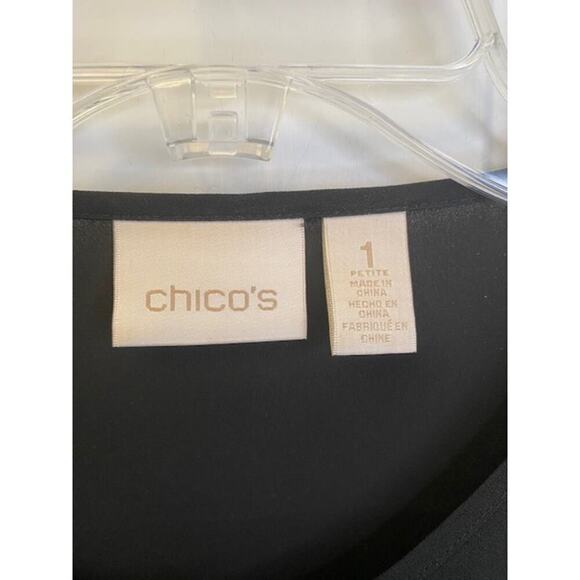 Chico's Black Sheer Blouse 1/4 Button Front Roll tab sleeves Sz 1 (US Med) Petit - Picture 4 of 6